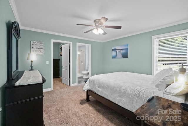 313 Sunset View Ct, York, SC 29745 - bedroom featuring ornamental molding, light carpet, ceiling fan, connected bathroom, and a spacious closet
