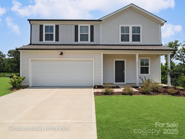 3077 Light Ridge Ct SW, Concord, NC 28027 - traditional-style house featuring driveway, a front lawn, a garage, covered porch, and board and batten siding