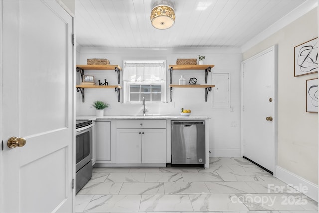 404 Wakefield Dr Unit C, Charlotte, NC 28209 - kitchen featuring appliances with stainless steel finishes, open shelves, light marble finish flooring, light countertops, and wooden ceiling