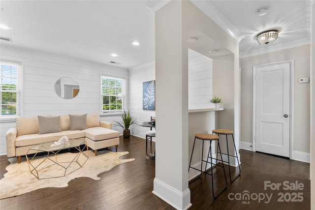 404 Wakefield Dr Unit C, Charlotte, NC 28209 - living room featuring dark wood finished floors, recessed lighting, and crown molding