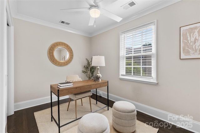 404 Wakefield Dr Unit C, Charlotte, NC 28209 - office featuring dark wood-style floors, ornamental molding, and a ceiling fan