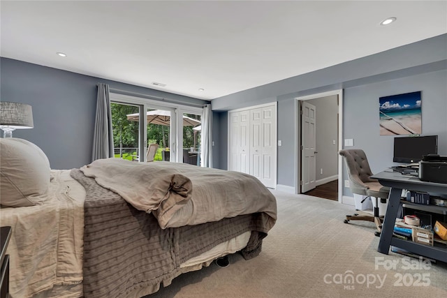 16 Due W Rd, Hendersonville, NC 28792 - carpeted bedroom featuring access to outside, a desk, recessed lighting, and a closet