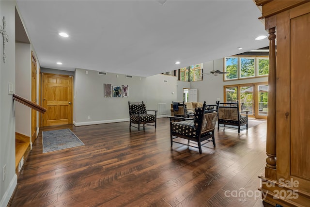 16 Due W Rd, Hendersonville, NC 28792 - sitting room with dark wood-style floors, recessed lighting, ceiling fan, and stairs