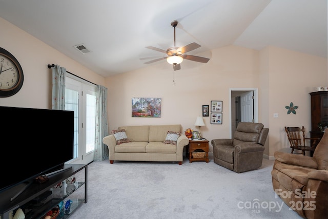 407 Hertling Dr NW, Concord, NC 28027 - living room with lofted ceiling, carpet, and ceiling fan