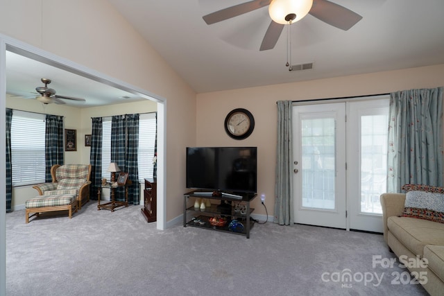 407 Hertling Dr NW, Concord, NC 28027 - carpeted living area featuring a ceiling fan and vaulted ceiling