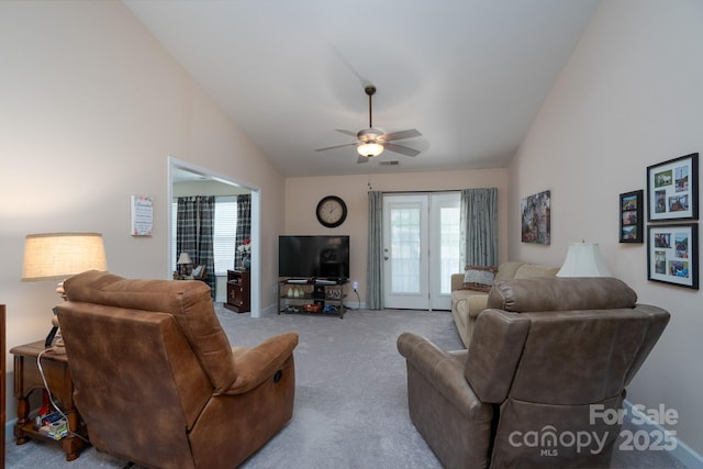 407 Hertling Dr NW, Concord, NC 28027 - living area with ceiling fan, vaulted ceiling, and carpet floors