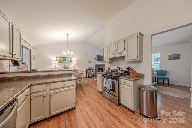 6418 Tivoli Ct, Charlotte, NC 28211 - kitchen with stainless steel appliances, under cabinet range hood, a chandelier, light wood-style flooring, and vaulted ceiling