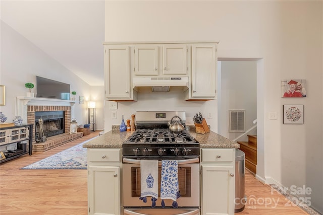 6418 Tivoli Ct, Charlotte, NC 28211 - kitchen with stainless steel range with gas cooktop, under cabinet range hood, light wood-style flooring, a fireplace, and lofted ceiling