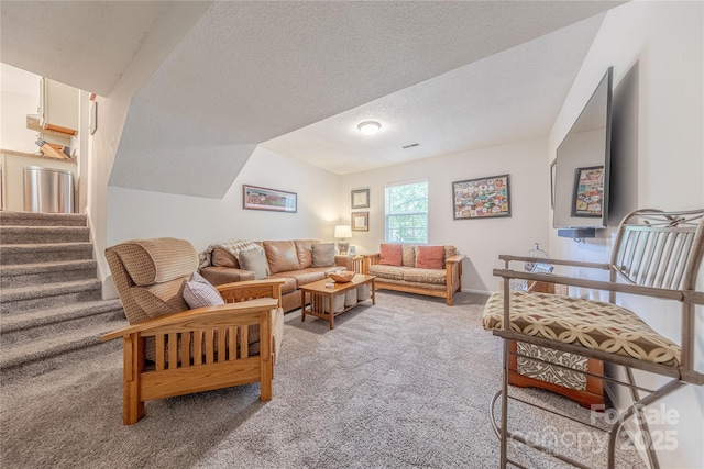 6418 Tivoli Ct, Charlotte, NC 28211 - living room with light carpet, a textured ceiling, and stairway