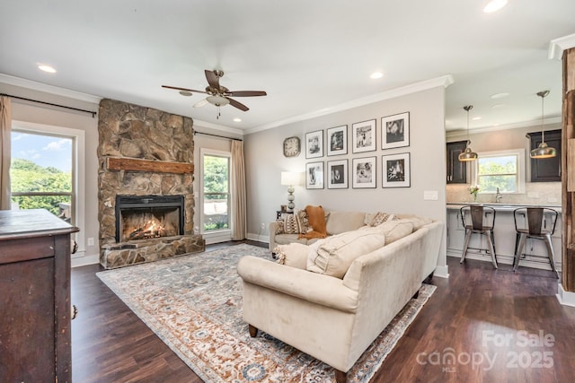 7805 Crooked Creek Church Rd, Monroe, NC 28110 - living area with a ceiling fan, recessed lighting, ornamental molding, dark wood-style floors, and a fireplace