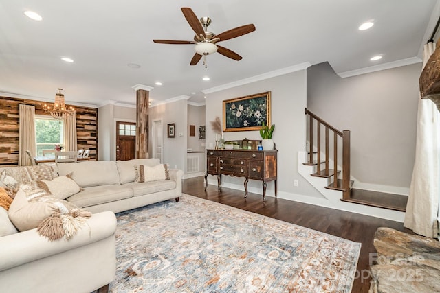 7805 Crooked Creek Church Rd, Monroe, NC 28110 - living room with wood finished floors, ornamental molding, a ceiling fan, a chandelier, and stairway
