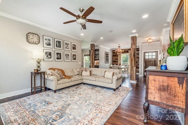 7805 Crooked Creek Church Rd, Monroe, NC 28110 - living area featuring ceiling fan, ornate columns, ornamental molding, dark wood-style floors, and recessed lighting