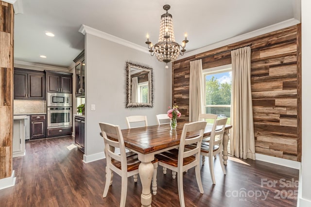 7805 Crooked Creek Church Rd, Monroe, NC 28110 - dining space featuring a chandelier, ornamental molding, dark wood-style flooring, and recessed lighting