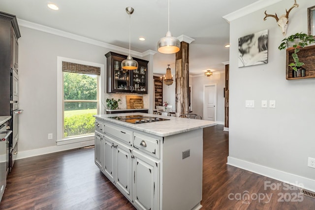 7805 Crooked Creek Church Rd, Monroe, NC 28110 - kitchen with black electric cooktop, dark wood-style floors, glass insert cabinets, recessed lighting, and crown molding