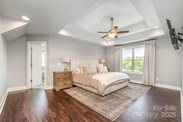 7805 Crooked Creek Church Rd, Monroe, NC 28110 - bedroom featuring dark wood finished floors, a raised ceiling, recessed lighting, ensuite bathroom, and ceiling fan