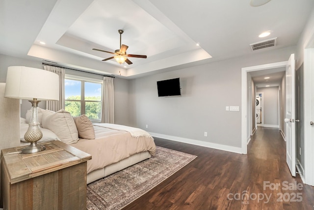 7805 Crooked Creek Church Rd, Monroe, NC 28110 - bedroom with a tray ceiling, dark wood-style floors, recessed lighting, and a ceiling fan