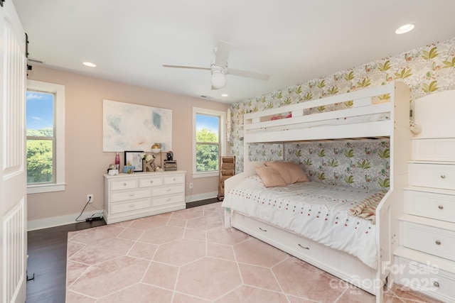 7805 Crooked Creek Church Rd, Monroe, NC 28110 - bedroom with wallpapered walls, recessed lighting, and a ceiling fan