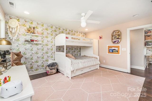 7805 Crooked Creek Church Rd, Monroe, NC 28110 - bedroom with wallpapered walls, wood finished floors, recessed lighting, and a ceiling fan