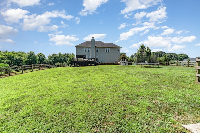 7805 Crooked Creek Church Rd, Monroe, NC 28110 - fenced backyard featuring a trampoline, a wooden deck, and a rural view