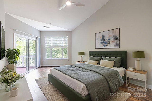795 Peninsula Dr, Davidson, NC 28036 - bedroom with access to outside, vaulted ceiling, wood finished floors, and a ceiling fan