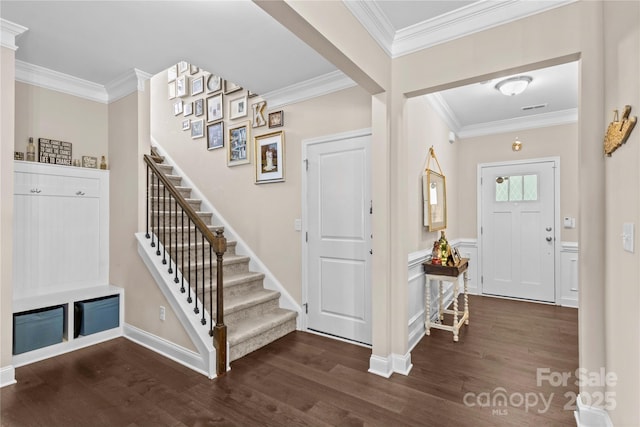 3835 Norman View Dr, Sherrills Ford, NC 28673 - foyer entrance with dark wood finished floors, stairway, and crown molding
