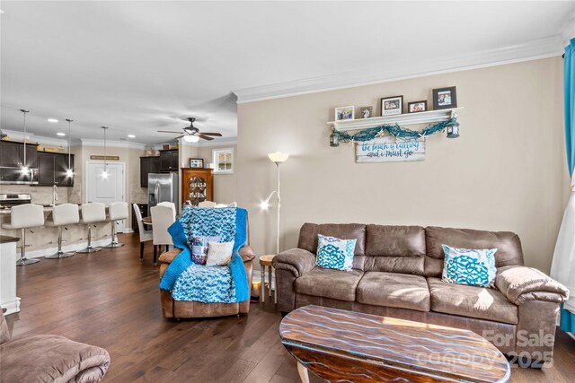 3835 Norman View Dr, Sherrills Ford, NC 28673 - living area featuring dark wood-type flooring, recessed lighting, ornamental molding, and ceiling fan