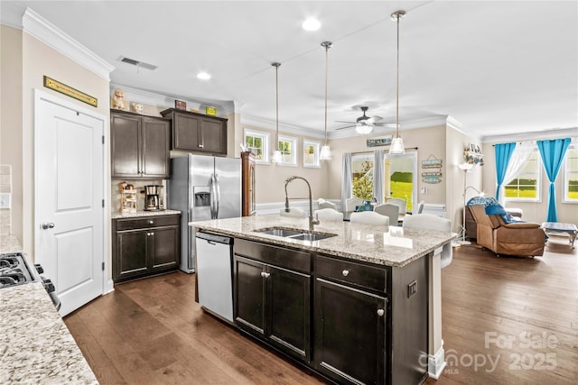 3835 Norman View Dr, Sherrills Ford, NC 28673 - kitchen with dishwasher, ornamental molding, dark wood finished floors, open floor plan, and a ceiling fan