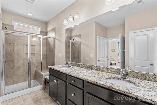 3835 Norman View Dr, Sherrills Ford, NC 28673 - full bathroom featuring double vanity, tile patterned floors, and a shower stall