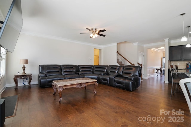 12704 Franklin Square Rd, Charlotte, NC 28213 - living area featuring a ceiling fan, dark wood finished floors, crown molding, and stairs