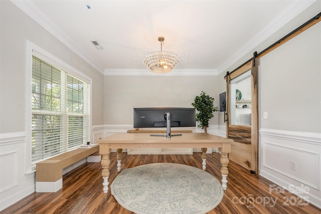 2380 Fairport Dr SE, Concord, NC 28025 - office area featuring ornamental molding, wood finished floors, a wainscoted wall, a barn door, and a chandelier