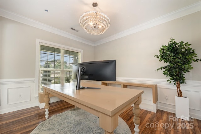 2380 Fairport Dr SE, Concord, NC 28025 - office space featuring a chandelier, wood finished floors, ornamental molding, wainscoting, and a decorative wall