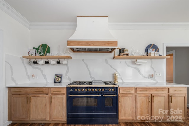 2380 Fairport Dr SE, Concord, NC 28025 - kitchen with double oven range, custom range hood, open shelves, crown molding, and light countertops