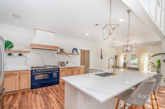 2380 Fairport Dr SE, Concord, NC 28025 - kitchen featuring double oven range, open shelves, premium range hood, light wood finished floors, and tasteful backsplash