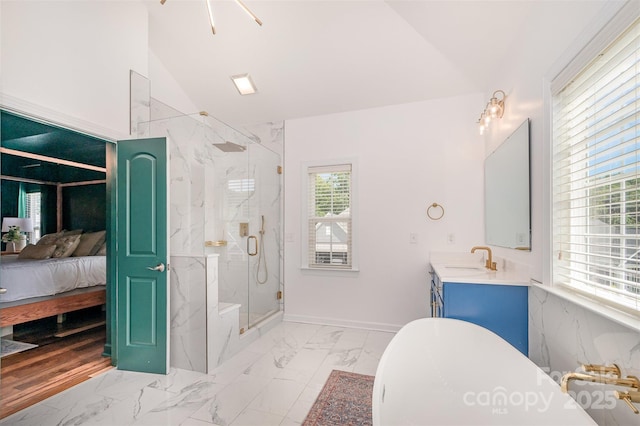 2380 Fairport Dr SE, Concord, NC 28025 - ensuite bathroom with vaulted ceiling, a marble finish shower, marble look tile flooring, a soaking tub, and vanity