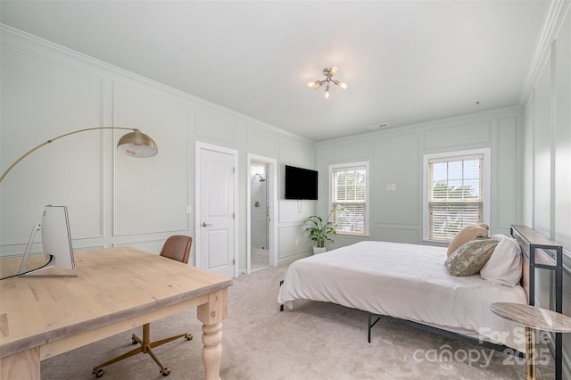 2380 Fairport Dr SE, Concord, NC 28025 - carpeted bedroom featuring a decorative wall, ornamental molding, an office area, and a chandelier