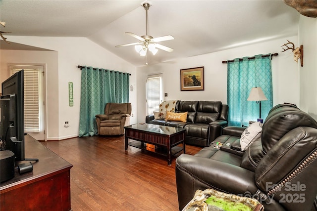 958 Hillard Ln, Lincolnton, NC 28092 - living room with ceiling fan, vaulted ceiling, and dark wood-style flooring