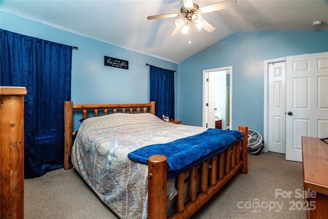 958 Hillard Ln, Lincolnton, NC 28092 - bedroom with carpet flooring, vaulted ceiling, and a ceiling fan