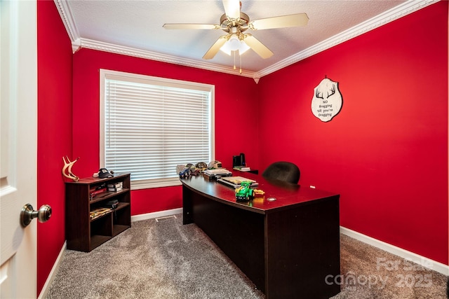 958 Hillard Ln, Lincolnton, NC 28092 - office area with carpet, a ceiling fan, and ornamental molding