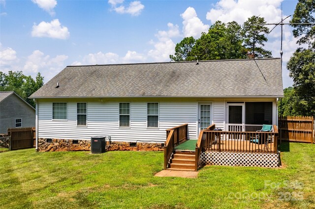958 Hillard Ln, Lincolnton, NC 28092 - back of property with crawl space, a shingled roof, and a wooden deck