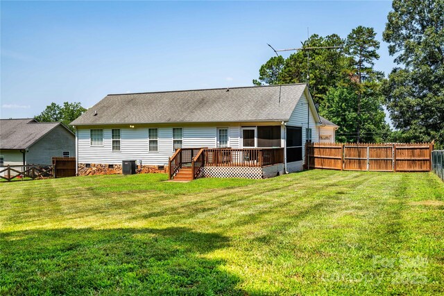 958 Hillard Ln, Lincolnton, NC 28092 - back of property with crawl space, a fenced backyard, a sunroom, and a wooden deck