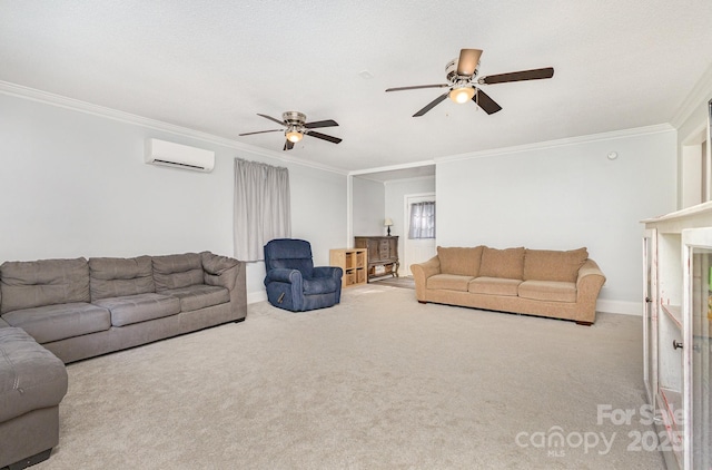 80 Lecline Cir NE, Concord, NC 28025 - living room with a wall unit AC, ornamental molding, carpet flooring, and ceiling fan