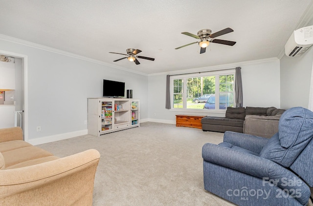 80 Lecline Cir NE, Concord, NC 28025 - living area featuring crown molding, a ceiling fan, a wall unit AC, and light colored carpet