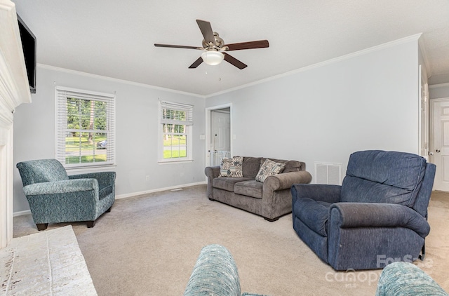80 Lecline Cir NE, Concord, NC 28025 - carpeted living room with ornamental molding and ceiling fan