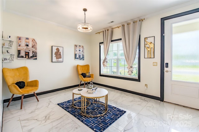 154 Tanner Loop, Troutman, NC 28166 - sitting room featuring light marble finish flooring, a chandelier, and crown molding