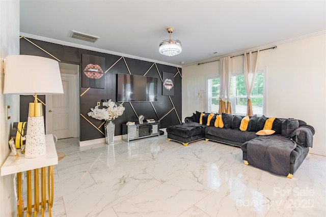 154 Tanner Loop, Troutman, NC 28166 - living room featuring ornamental molding, marble finish flooring, and an accent wall