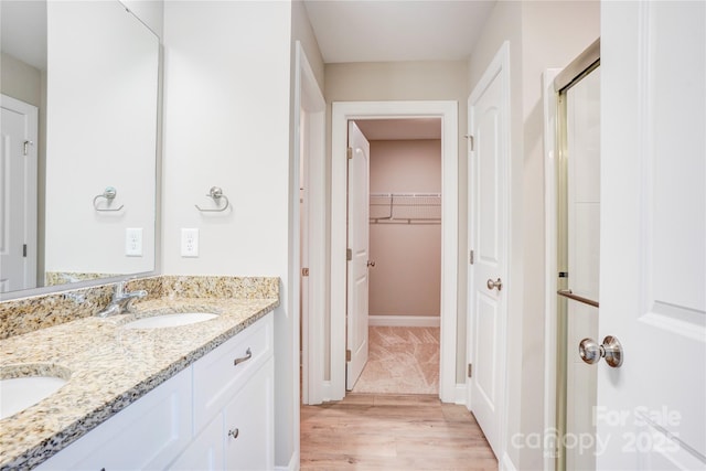 206 N Kayla Dr, Salisbury, NC 28146 - full bath with wood finished floors, double vanity, a shower with door, and a walk in closet
