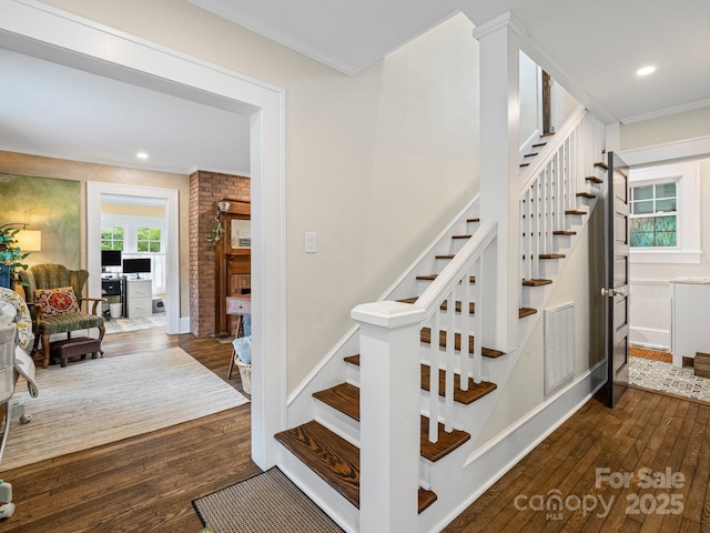 321 Ehringhaus St, Hendersonville, NC 28739 - stairway with wood-type flooring, crown molding, and recessed lighting