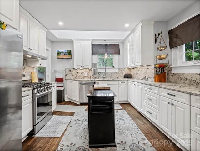 321 Ehringhaus St, Hendersonville, NC 28739 - kitchen featuring appliances with stainless steel finishes, under cabinet range hood, plenty of natural light, white cabinetry, and recessed lighting