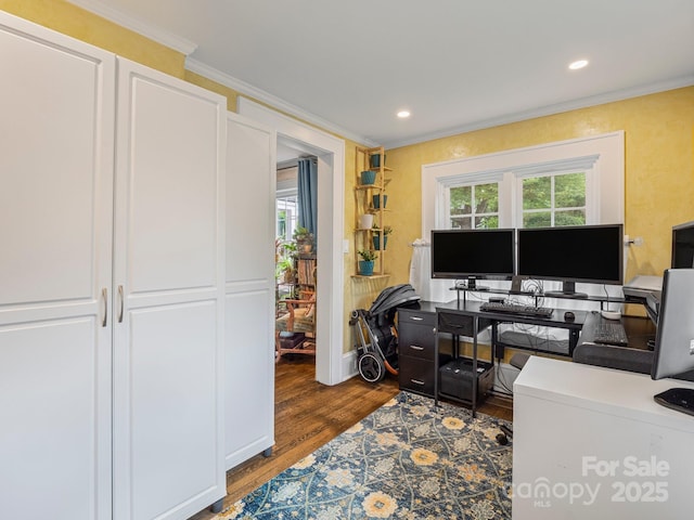 321 Ehringhaus St, Hendersonville, NC 28739 - office featuring crown molding, healthy amount of natural light, wood finished floors, and recessed lighting