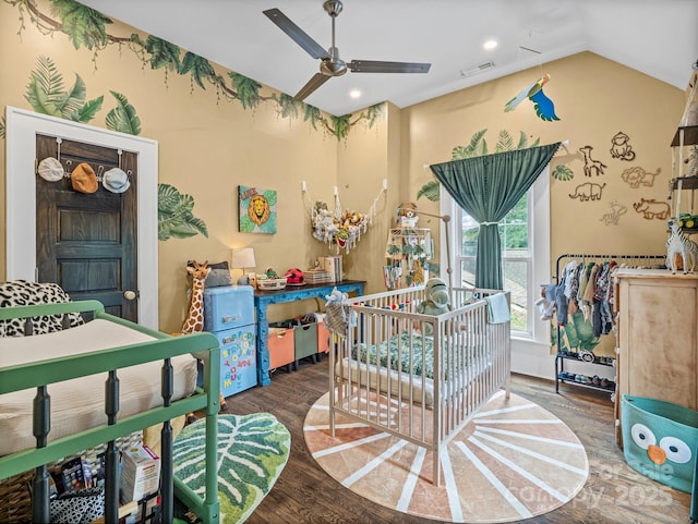 321 Ehringhaus St, Hendersonville, NC 28739 - bedroom featuring wood finished floors, recessed lighting, vaulted ceiling, and a ceiling fan